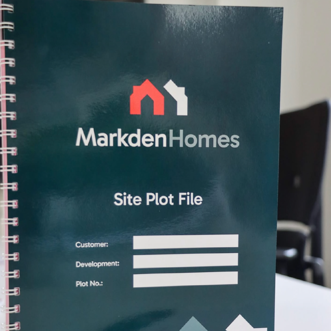 Bespoke notebook with Markden Homes Branding and Gloss Lamination Finish
